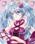  blue_eyes blue_hair bowtie chain corset crown estarina flower hair_flower hair_ornament hatsune_miku long_hair pink_rose project_diva project_diva_2nd red_rose ribbon rose solo twintails vocaloid 