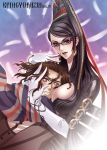  bayonetta_(character) between_breasts black_hair blue_eyes blush breast_smother breasts brown_hair carnelian couple elbow_gloves glasses gloves hair_ribbon large_breasts long_hair luka_redgrave mole ribbon scarf staring_at_breasts sunglasses 