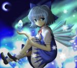  blue_eyes blue_hair bow bowtie bunchou_(bunchou3103) cirno dress fairy fairy_wars hair_bow ice mary_janes moon night shoes short_hair side sitting smile snow snowflakes socks touhou wings 