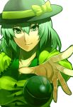  bow eyes face foreshortening green_eyes green_hair hands hat komeiji_koishi long_hair rby_(artist) reflection smile solo touhou 