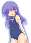  bare_shoulders beigu blue_eyes blush clothed_navel long_hair navel one-piece_swimsuit open_mouth purple_hair school_swimsuit standing swimsuit tsurime working!! yamada_aoi 
