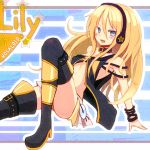  blue_eyes boots cable cd fang lily_(vocaloid) long_hair sin_(artist) sitting skirt smile solo thigh-highs thigh_boots thighhighs vocaloid 
