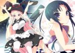  :&lt; \o/ apron arms_up blue_eyes blue_hair breasts glasses hair_ornament hat huge_breasts kibitsu_momoko long_hair maid majolica_le_fay multiple_girls ookami-san ookami-san_to_shichinin_no_nakamatachi outstretched_arms pink_hair ponytail purple_eyes show_(artist) show_(rinnetenshow) very_long_hair violet_eyes witch_hat 