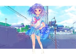  car highres makino_(sinobusan) motor_vehicle original panties power_lines purple_eyes purple_hair school_bag school_uniform see-through serafuku solo striped striped_panties underwear upskirt vehicle violet_eyes 