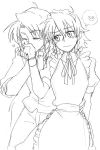  apron blush closed_eyes embarrassed formal hand_kiss hand_on_hip holding_hands hong_meiling izayoi_sakuya kiss kondou_(acid) monochrome multiple_girls necktie pant_suit sketch suit touhou yuri 