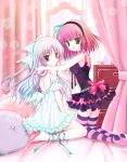  angel_beats! barefoot bed bow green_eyes hair_bow hairband kneeling lolita_fashion long_hair multiple_girls open_mouth purple_hair ribbon shirogane_hina silver_hair striped striped_legwear striped_thighhighs tachibana_kanade thigh-highs thighhighs yellow_eyes yuri_(angel_beats!) 