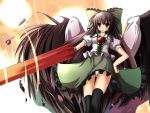  black_legwear black_thighhighs bow breasts cape danmaku hair_bow hand_on_hip highres liya long_hair panties pantyshot red_eyes reiuji_utsuho solo sun thigh-highs thighhighs touhou underwear very_long_hair wings 