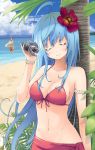  beach bikini blue_hair closed_eyes dr_rurru eyelashes face flower flower_bangle flower_bracelet front-tie_top hair_flower hair_ornament hermit_crab holding innertube long_hair maeda_risou original palm_tree risou_(risoumaeda) rurru sarong swimsuit tree 