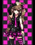  asymmetrical_clothes belt bracelet brown_eyes brown_hair cellphone chain checkered checkered_background checkered_skirt choker earrings himekaidou_hatate jewelry kasane long_hair mismatched_legwear necktie newspaper phone pointy_ears skirt solo thigh-highs thighhighs touhou twintails 