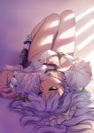  blue_eyes blue_hair bow bra braid breasts cleavage fingernails geister hair_bow highres izayoi_sakuya legs lingerie lips lying maid_headdress nail_polish on_back open_clothes open_shirt pocket_watch shirt short_hair silver_hair solo sunbeam sunlight touhou twin_braids underwear watch 