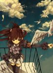  bird blue_eyes cloud frills hair_bobbles hair_ornament hinazawa_kirie perspective red_hair redhead skirt thigh-highs thighhighs umineko_no_naku_koro_ni ushiromiya_ange 