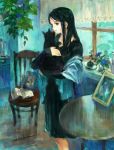  black_hair book cat chair dress holding hug indoors long_hair original oyabin oyabin_(shikouann) picture plant solo window 