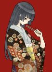  black_hair closed_fan fan folding_fan hime_cut japanese_clothes kimono monaco_(rmn02) original red_background red_eyes simple_background solo 