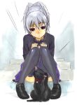  ashiomi_masato bell bell_collar between_legs black_cat cat cat_between_legs collar darker_than_black dress loafers lowres mao_(darker_than_black) purple_eyes scratching shoes silver_hair sitting stairs thigh-highs thighhighs violet_eyes yin 