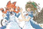  2girls animal_ears bird_wings black_bow black_bowtie bow bowtie braid brown_hair cat_ears cat_tail commentary_request green_bow hair_bow highres juliet_sleeves kaenbyou_rin long_hair long_sleeves looking_at_viewer maid multiple_girls multiple_tails open_mouth puffy_sleeves purple_hair red_eyes redhead reiuji_utsuho short_hair short_sleeves signature simple_background tail third_eye touhou twin_braids two_tails white_background wings yamasina009 