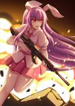  1girl absurdres animal_ears ar-15 collared_shirt commentary debris explosion fire gun highres holding holding_gun holding_weapon long_hair necktie open_mouth piaoluo_de_ying_huaban pleated_skirt purple_hair rabbit_ears red_eyes reisen_udongein_inaba rifle scope shirt short_sleeves skirt solo touhou very_long_hair weapon white_shirt 