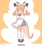  1girl animal_ears apron arms_up bow bowtie brown_hair coroha extra_ears full_body gloves jumping kangaroo_ears kangaroo_girl kangaroo_tail kemono_friends long_hair looking_at_viewer orange_background red_kangaroo_(kemono_friends) shirt shoes shorts simple_background solo tail thigh-highs twintails 