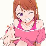  1girl bare_shoulders brown_hair earrings highres hijiri_ageha hirogaru_sky!_precure jewelry long_hair looking_at_viewer miyahara_takuya off-shoulder_shirt off_shoulder one_eye_closed pink_shirt precure shirt smile solo stud_earrings upper_body violet_eyes 