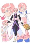  1boy bird black_gloves blue_eyes earrings flower food genderswap genderswap_(ftm) gloves gundam gundam_seed gundam_seed_destiny gundam_seed_freedom hair_ornament haro highres japanese_clothes jewelry lacus_clyne long_hair open_mouth pink_flower pink_hair pink_rose rose smile tsuna2727 