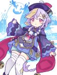  1girl blue_shorts braid coin_hair_ornament commentary feet_out_of_frame genshin_impact hair_ornament hat jiangshi long_hair long_sleeves looking_at_viewer ofuda ofuda_on_head onyhakase open_mouth purple_hair qingdai_guanmao qiqi_(genshin_impact) shorts solo thigh-highs very_long_hair violet_eyes white_thighhighs 