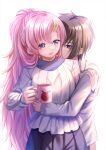  1boy 1girl :d blue_eyes blue_skirt breasts brown_hair collared_shirt commentary_request cup gundam gundam_seed gundam_seed_freedom hair_between_eyes hair_ornament highres holding holding_cup hug kira_yamato lacus_clyne long_hair long_sleeves medium_breasts mug parted_bangs pink_hair pleated_skirt ponytail shirt simple_background skirt smile toshi_(1-147) very_long_hair violet_eyes white_background white_shirt 