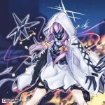  1girl arikanrobo atsuko_(blue_archive) black_gloves blue_archive braid dress feet_out_of_frame gloves grey_halo gun halo highres holding holding_gun holding_weapon hood hood_up hooded_jacket jacket long_hair long_sleeves mask purple_hair solo twin_braids weapon white_dress white_jacket 