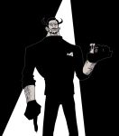  1boy beard black_theme character_request facial_hair feet_out_of_frame full_beard highres holding horns large_hands looking_at_viewer m_(132zlkotqchsgk) male_focus muscular muscular_male one_piece pointing pointing_down short_hair snail solo spotlight thick_arm_hair thick_eyebrows thick_neck 