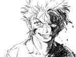  1boy ging_freecss greyscale grin gssy_0 highres hunter_x_hunter male_focus monochrome partially_shaded_face portrait short_hair sketch smile solo sparse_stubble unkempt 