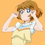  1girl adjusting_eyewear blue_eyes brown_hair dress glasses highres ichinose_minori looking_at_viewer miyahara_takuya orange_background precure short_hair simple_background solo tropical-rouge!_precure upper_body 