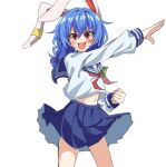 1girl alternate_costume animal_ears blue_hair blue_sailor_collar blue_skirt commentary_request d: earclip henshin_pose kamen_rider kamen_rider_(1st_series) long_sleeves looking_at_viewer low_twintails mifutatsu navel neckerchief open_mouth rabbit_ears rabbit_girl red_eyes red_neckerchief sailor_collar school_uniform seiran_(touhou) serafuku simple_background skirt smile solo touhou twintails v-shaped_eyebrows white_background