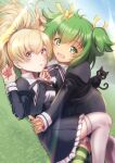  2girls andou_tazusa assault_lily black_cat blonde_hair cat girl_on_top grass green_eyes green_hair highres looking_at_viewer lying_on_person mimkai multiple_girls open_mouth red_eyes school_uniform shaft short_hair smile striped_clothes striped_thighhighs thigh-highs white_thighhighs yoshimura_thi_mai yuri yurigaoka_girls_academy_school_uniform 