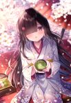  1girl black_hair blurry blurry_foreground blush commentary_request cup dango depth_of_field floral_print flower food gradient_kimono grey_kimono hair_flower hair_ornament hair_over_one_eye hairclip holding holding_cup japanese_clothes kimono long_hair long_sleeves looking_at_viewer nemuri_nemu obi oil-paper_umbrella original parted_lips pink_flower print_kimono red_umbrella sanshoku_dango sash sitting solo twitter_username umbrella very_long_hair violet_eyes wagashi white_flower white_kimono wide_sleeves 