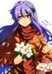  akane_kazami basket blue_eyes blue_hair breasts cloak dated double-parted_bangs floating_hair flower flower_basket hair_between_eyes hair_ornament highres holding holding_flower large_breasts long_hair looking_at_viewer portrait scarf signature simple_background smile tia_(ys) upper_body white_background ys ys_seven 