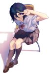  1girl absurdres black_hair black_skirt black_socks bleach blue_eyes chair full_body highres ihsekodwww kneehighs kuchiki_rukia looking_at_viewer pleated_skirt ribbon school_uniform shirt short_hair short_sleeves sitting skirt smile socks solo v white_shirt 