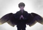  1boy backlighting bell7545 black_capelet black_hair brown_wings capelet choker cowboy_shot feathered_wings frown gakuran grey_background grey_wings hands_up interlocked_fingers looking_at_viewer male_focus original own_hands_together praying sad school_uniform short_hair solo spread_wings sunlight wings 