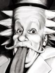  1boy absurdres albert_einstein bald derivative_work dr._vegapunk greyscale highres iam_san3 lab_coat long_head long_mustache long_tongue looking_at_viewer male_focus monochrome one_piece open_mouth parody photo-referenced portrait smile solo spiky_hair tongue tongue_out wrinkled_skin 