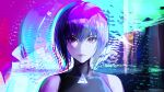  1girl abstract_background absurdres closed_mouth company_name ghost_in_the_shell ghost_in_the_shell:_sac_2045 girls_frontline highres kusanagi_motoko looking_at_viewer official_art portrait purple_hair short_hair straight-on violet_eyes 