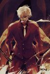 1boy black_shirt blonde_hair cigarette cowboy_shot curly_eyebrows english_commentary facial_hair fujisee gloves goatee hair_over_one_eye highres looking_at_viewer male_focus necktie one_piece sanji_(one_piece) shirt short_hair smoke solo suit twitter_username 