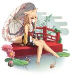  1girl absurdres animal_ear_fluff animal_ears animal_nose barefoot blonde_hair body_fur closed_mouth flower fox_ears fox_girl fox_tail furry furry_female highres japanese_clothes jeifier_(korfiorano01) koi leaf long_hair looking_at_viewer original outdoors plant snout solo tail two-tone_fur white_fur yellow_eyes yellow_fur 