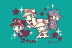  4boys androgyne_symbol black_coat black_hair blue_background coat earrings hat holding holding_phone jewelry jojo_no_kimyou_na_bouken kotorai kujo_jotaro limited_palette looking_back male_focus multiple_boys no_mouth no_nose phone sparkle star_(symbol) variations white_coat 