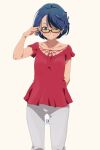  1girl adjusting_eyewear ano_natsu_de_matteru aqua_eyes blue_hair collarbone earrings glasses grey_pants hashtag_only_commentary highres jewelry miyahara_takuya pants red_shirt shirt short_hair simple_background smile solo tanigawa_kanna white_background 