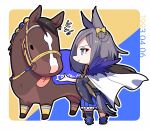  1girl air_groove_(racehorse) air_groove_(umamusume) animal_ears birthday black_hair blue_eyes blue_skirt bow braid bridle cape chibi commentary_request creature_and_personification dated ear_bow ear_chain eyeliner fur_trim highres horse_ears horse_girl horse_tail makeup medium_hair outline outside_border pleated_skirt race_bib real_life red_eyeliner ribbon-trimmed_sleeves ribbon_trim single_thighhigh skirt tail tail_through_clothes takatsuki_nato thigh-highs tongue tongue_out translation_request two-tone_background umamusume white_cape wide_sleeves yellow_bow 