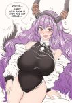 blush breasts covered_navel fang highres horns kecoadewi large_breasts leotard long_hair purple_hair red_eyes smile tail thigh_gap thighs typhon_(arknights) 