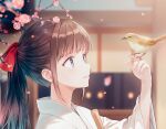  1girl :d bird bird_on_hand blue_hair blurry bow branch broom brown_eyes brown_hair cherry_blossoms day depth_of_field falling_petals from_side gradient_hair grin hair_bow half_updo hand_up hiten_(hitenkei) holding holding_broom japanese_clothes kimono long_hair looking_at_animal multicolored_hair open_mouth original outdoors petals ponytail portrait red_bow smile solo teeth white_kimono 