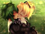  2girls absurdres andou_tazusa assault_lily black_bow black_bowtie blonde_hair blush bow bowtie closed_eyes grass green_hair hair_ornament highres hug kiss multiple_girls school_uniform short_hair user_wzwf5225 yoshimura_thi_mai yuri 