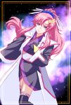  1girl :3 aiai_x0301 black_gloves black_kimono black_thighhighs blue_eyes closed_mouth floating_hair gloves gundam gundam_seed gundam_seed_destiny hair_between_eyes highres japanese_clothes kimono lacus_clyne long_hair long_sleeves pink_hair ponytail short_kimono sketch smile solo thigh-highs very_long_hair zettai_ryouiki 