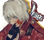  10_9a5 1boy blood blood_on_face blood_on_hands blue_eyes coat dante_(devil_may_cry) devil_may_cry_(series) devil_may_cry_3 fingerless_gloves gloves highres holding looking_at_viewer male_focus red_coat solo white_hair 