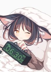  1girl animal_ear_fluff animal_ears bed_sheet black_hair blanket brown_eyes brown_hair brown_sweater cable clock closed_mouth commentary_request daidai_ookami digital_clock dutch_angle grey_background highres long_sleeves multicolored_hair one_eye_closed original ribbed_sweater simple_background solo streaked_hair sweater under_covers wide_sleeves 