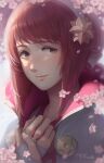  cherry_blossoms fire_emblem fire_emblem_fates headband highres kazuko_(towa) light_blush light_smile looking_to_the_side medium_hair own_hands_together pink_eyes pink_hair portrait sakura_(fire_emblem) 