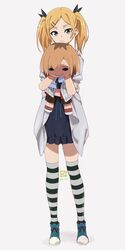  1girl :/ blonde_hair cardigan character_doll commentary_request dress full_body grey_eyes hair_ornament hairclip highres holding holding_stuffed_toy looking_at_viewer miyahara_takuya miyamori_aoi mole mole_under_eye open_cardigan open_clothes shirobako shoes sneakers solo striped_clothes striped_thighhighs stuffed_toy thigh-highs twintails yano_erika 